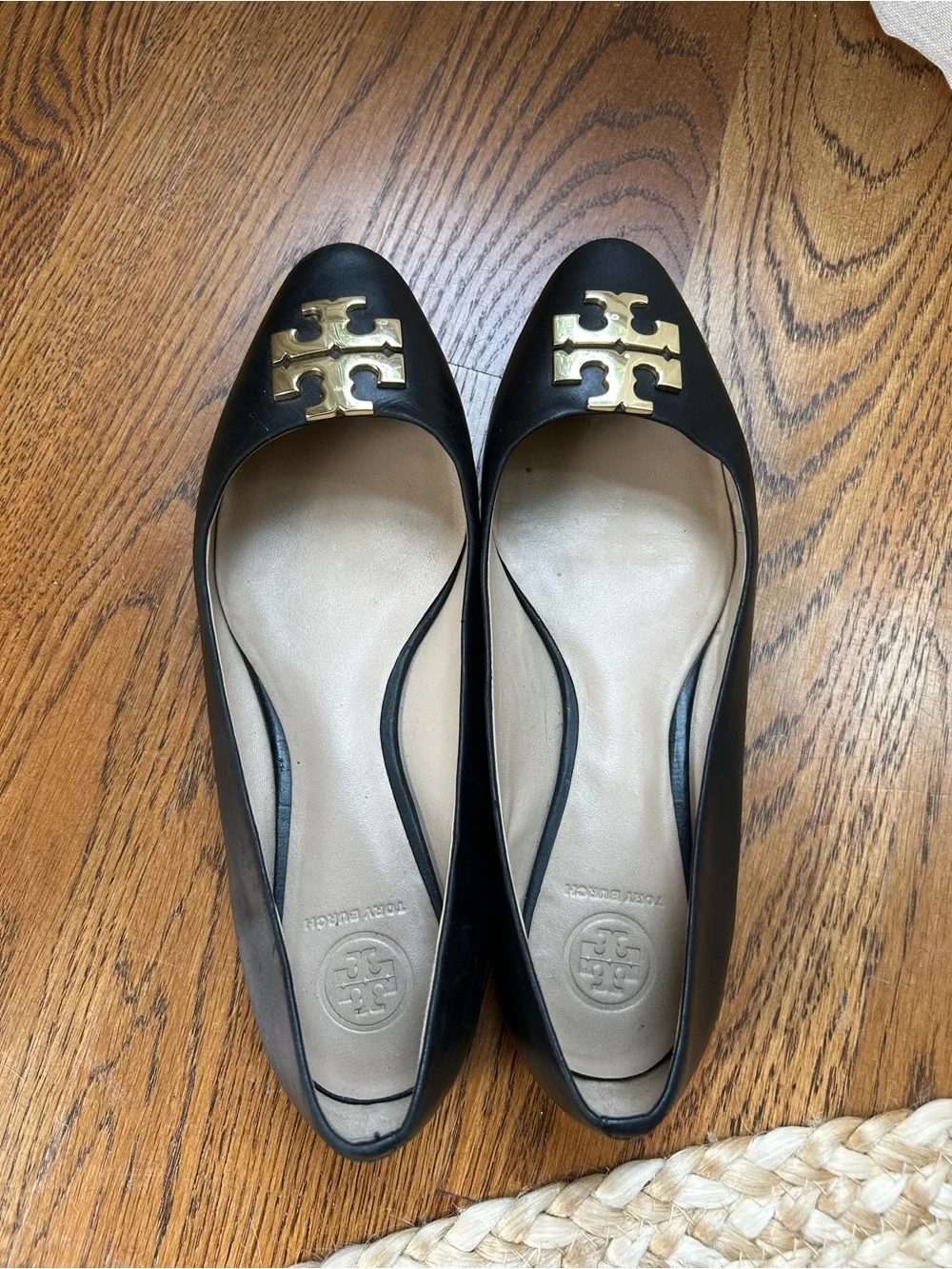 Tory Burch Black Leather Logo Flats with Gold Emblem